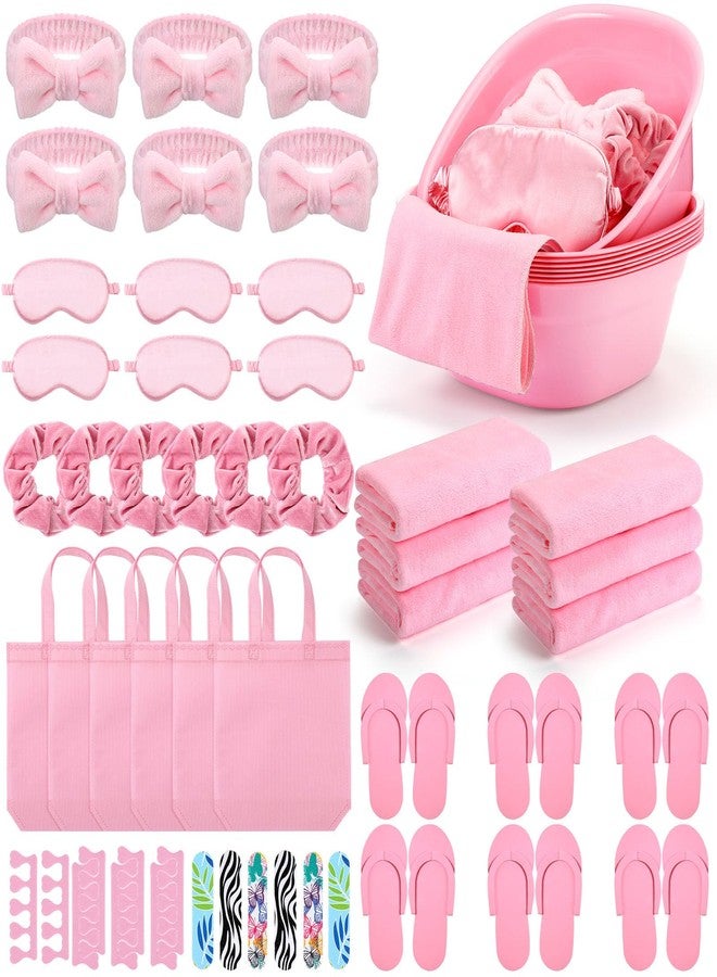 Thiccywoov 54Pcs Kids Foot Spa Party Supplies for Girl Spa Party Favors 6 Washbasin 6 Tote Bags 6 Hand Towels 6 Toe Separators 6 Hair Scrunchies 6 Hairband 6 Slipper 6 Eye Mask 6 Nail File (Pink) - Image 1